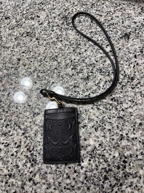 Coach Black Embossed Leather Card Holder Lanyard